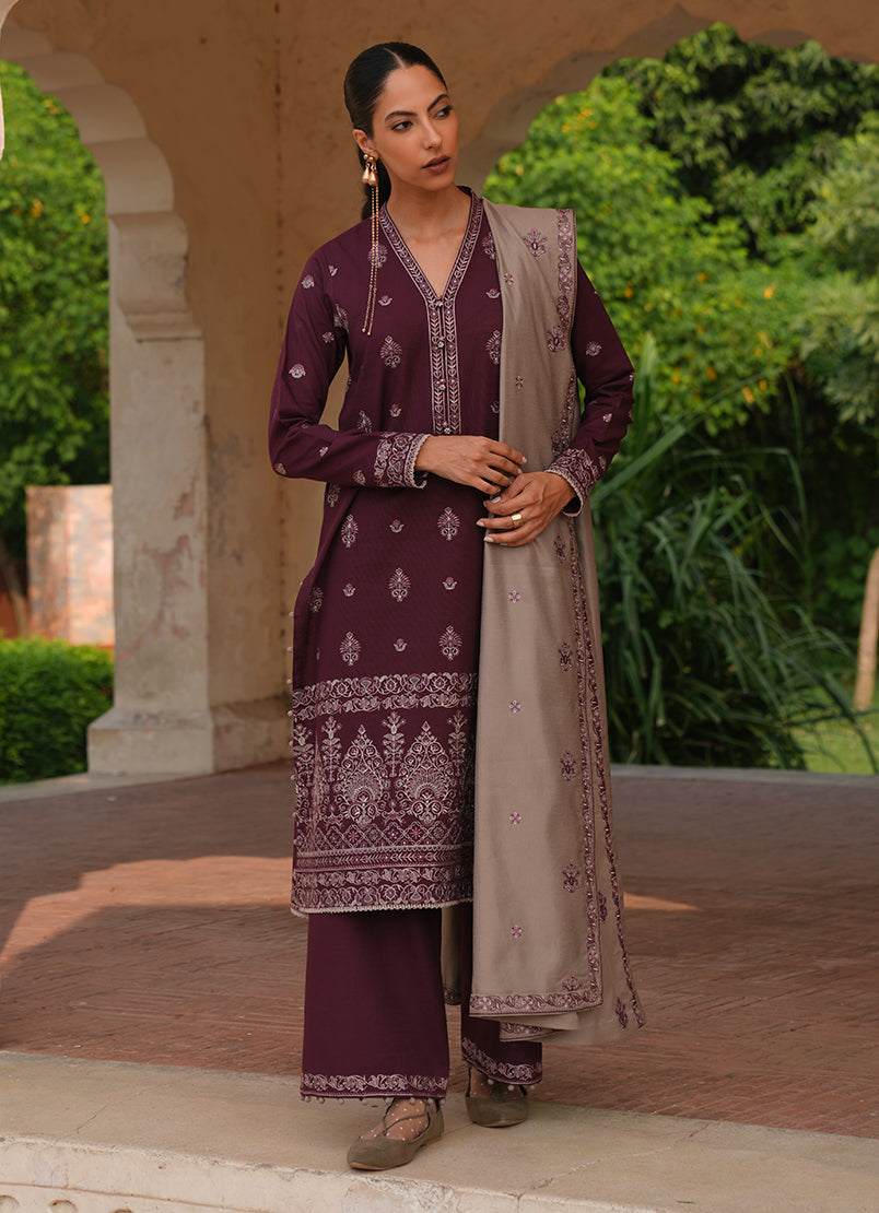 IMAGE-3PC DHANAK EMBROIDERED SHIRT DHANAK EMBROIDERED SHAWL AND TROUSER-BIC-3333