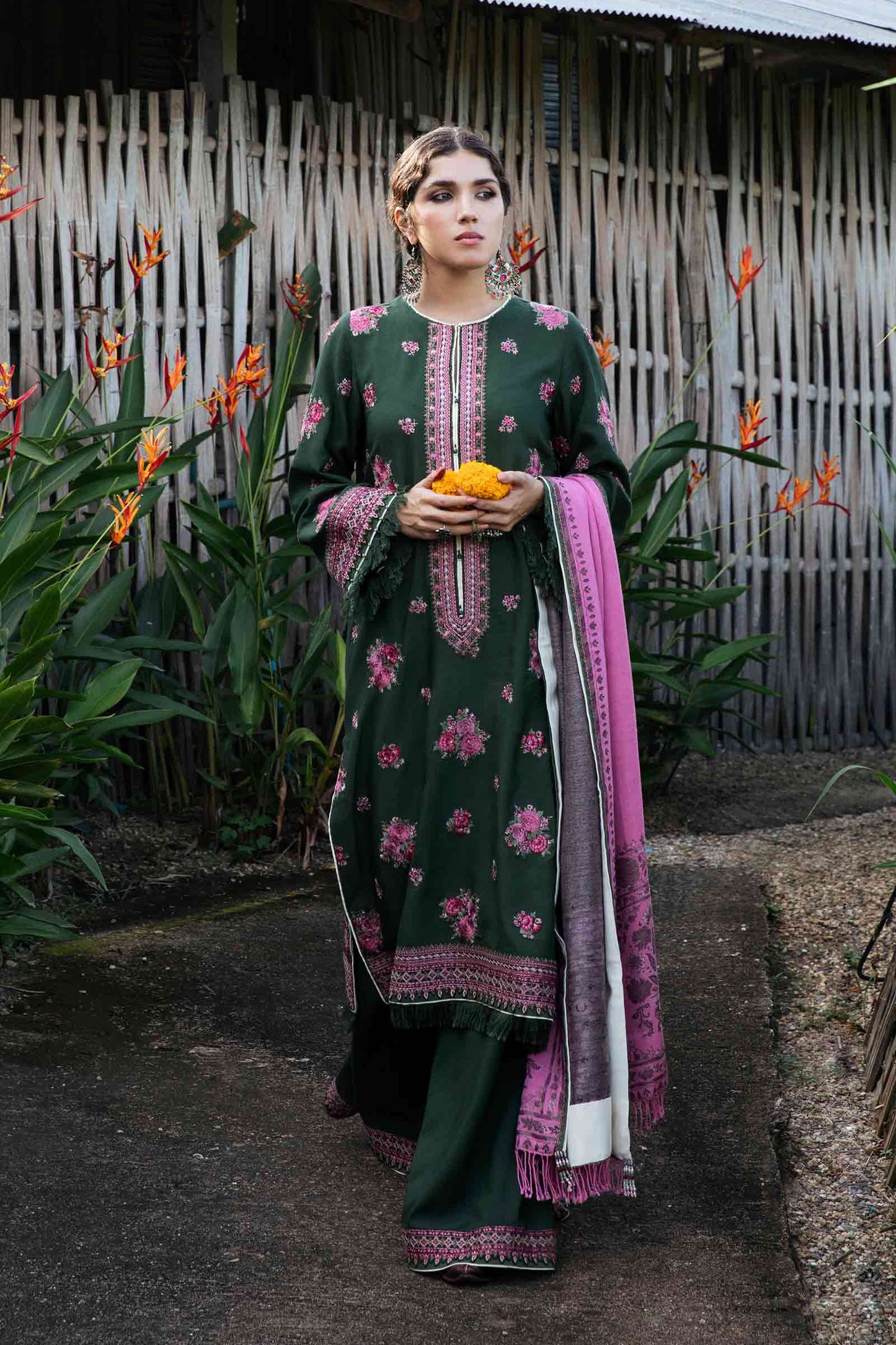 ZARA SHAHJAHAN - 3PC VISCOUS EMBROIDERD SHIRT WITH WOOL PRINTED SHAWL AND TROUSER-BIC-1144