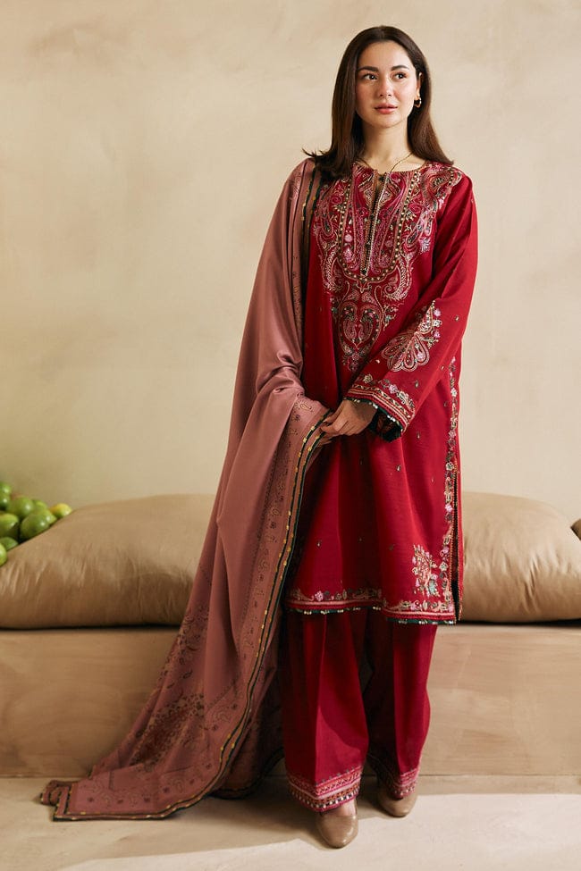 ZAHRA SHAHJAHAN- 3PC DHANAK EMBROIDERED SHIRT COUTURE WITH WOOL PRINT SHAWL AND TROUSER-BIC-3106