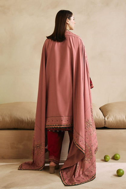 ZAHRA SHAHJAHAN- 3PC DHANAK EMBROIDERED SHIRT COUTURE WITH WOOL PRINT SHAWL AND TROUSER-BIC-3106