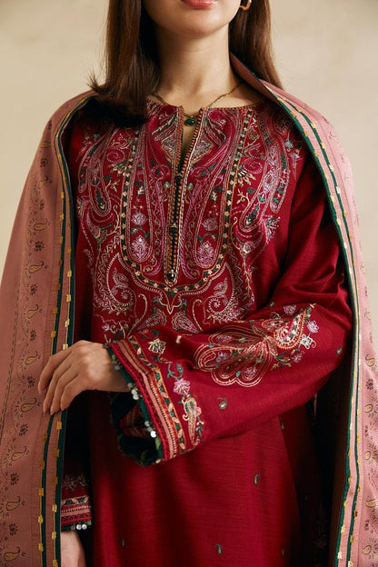 ZAHRA SHAHJAHAN- 3PC DHANAK EMBROIDERED SHIRT COUTURE WITH WOOL PRINT SHAWL AND TROUSER-BIC-3106