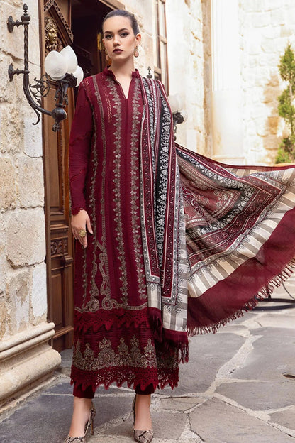 MARIA B - 3PC DHANAK  EMBROIDERED SHIRT WITH COUTURE WOOL PRINT SHAWL AND DHANAK TROUSER-BIC-3110