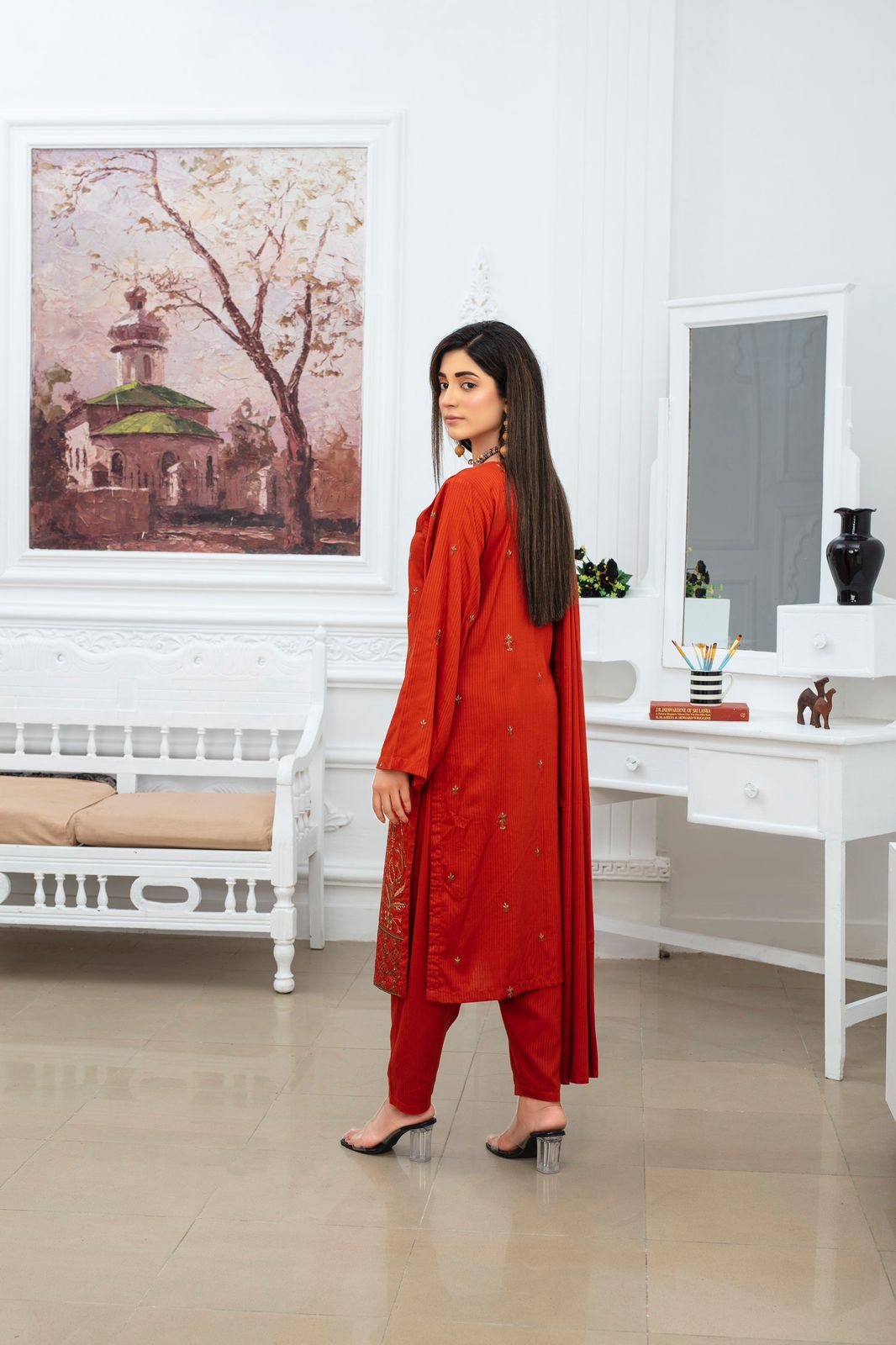 BRANDINN-3PC VISCOUS EMBROIDRED SHIRT WITH CHIKEN KARI VISCOUS EMBROIDRED SHAWL AND TROUSER-BIC-GM-HS-8