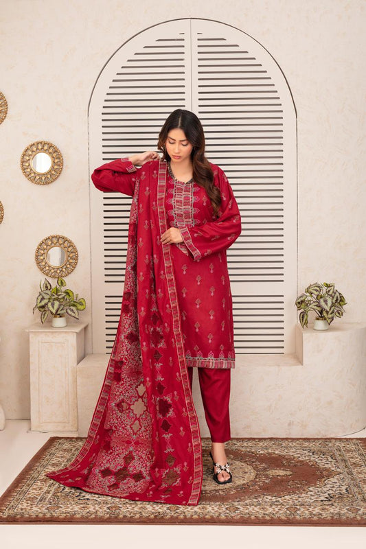 BRANDS INN-3PC DHANAK EMBROIDERED SHIRT WITH HEAVY CUTWORK EMBROIDERED DHANAK SHAWL AND TROUSER-BIC -001