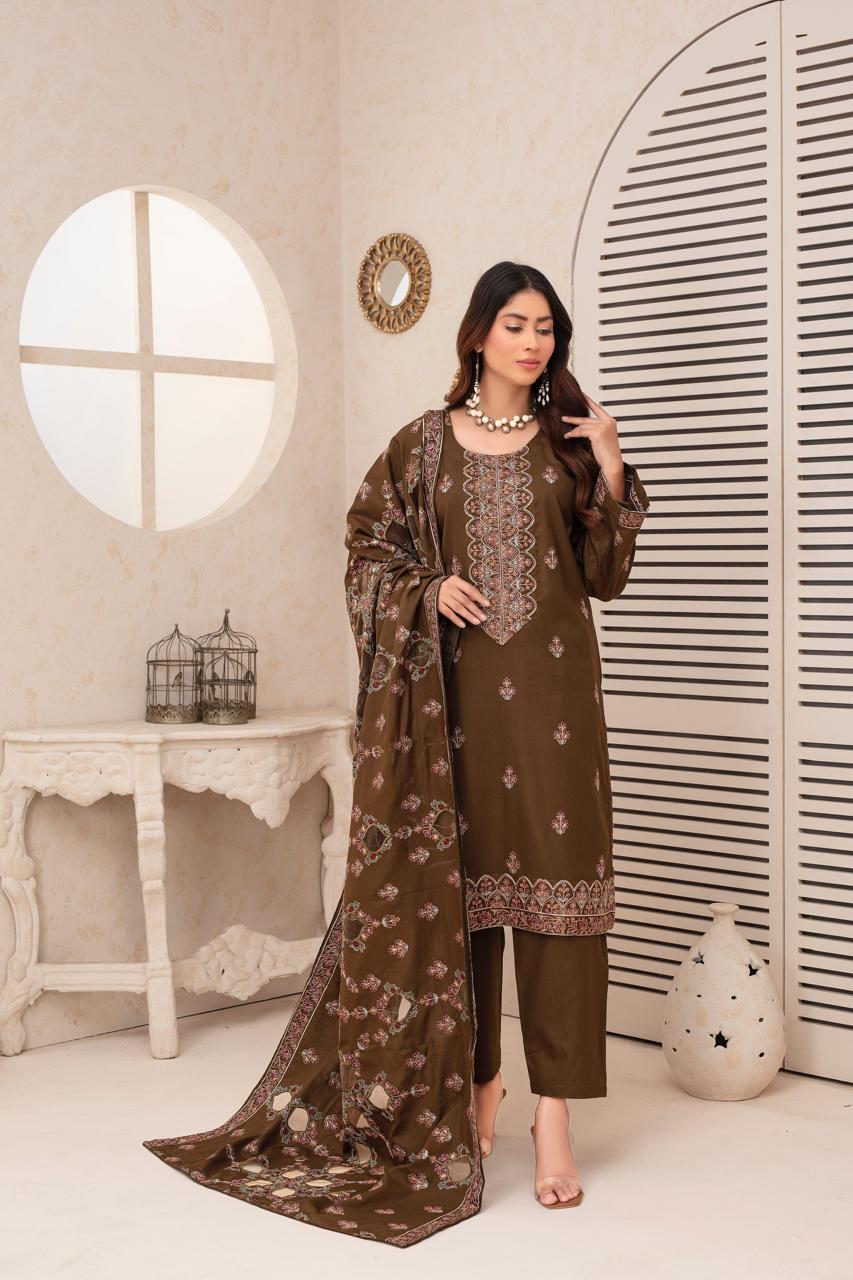 BRANDS INN-3PC DHANAK EMBROIDERED SHIRT WITH HEAVY CUTWORK EMBROIDERED DHANAK SHAWL AND TROUSER-BIC -006