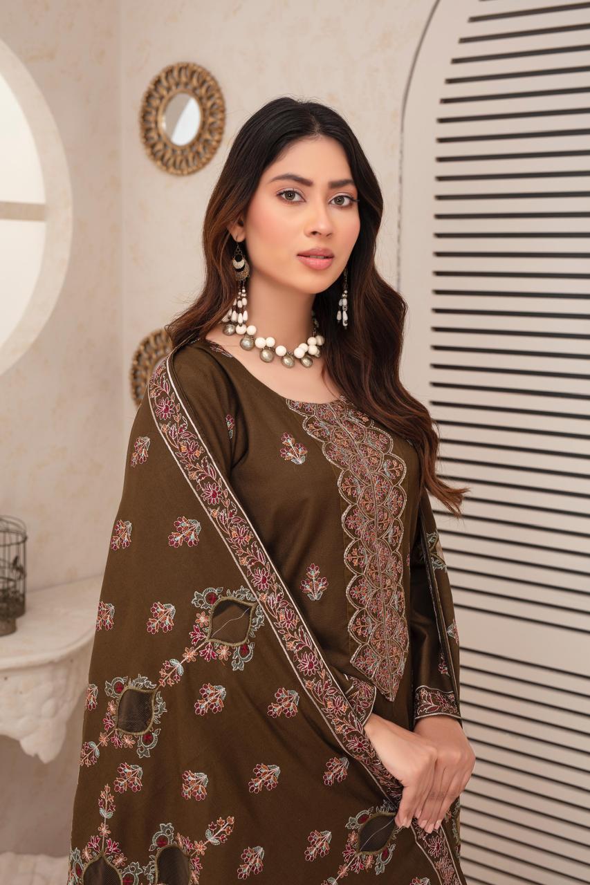 BRANDS INN-3PC DHANAK EMBROIDERED SHIRT WITH HEAVY CUTWORK EMBROIDERED DHANAK SHAWL AND TROUSER-BIC -006