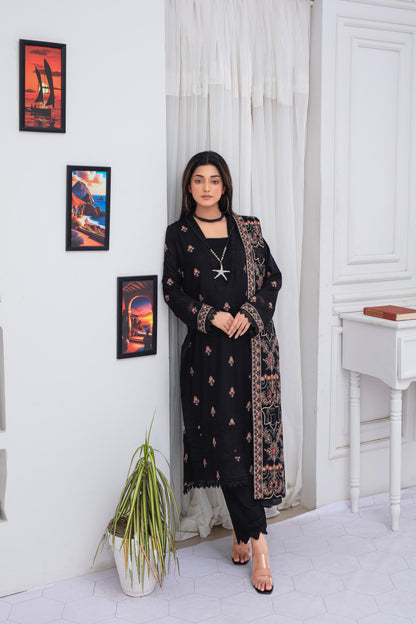 BRANDS INN-3PC DHANAK EMBROIDERED SHIRT WITH HEAVY CUTWORK EMBROIDERED DHANAK SHAWL AND TROUSER-BIC -007