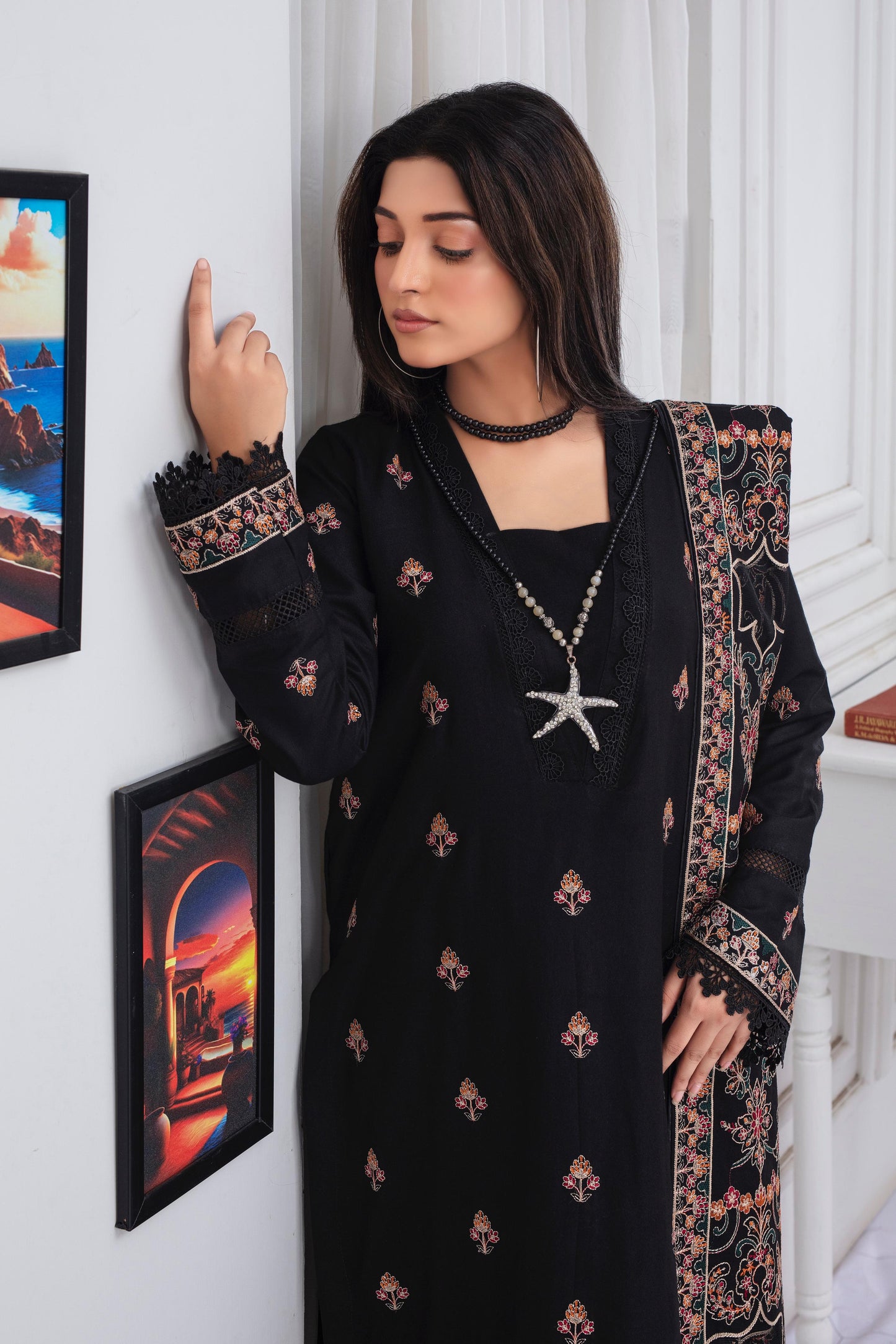 BRANDS INN-3PC DHANAK EMBROIDERED SHIRT WITH HEAVY CUTWORK EMBROIDERED DHANAK SHAWL AND TROUSER-BIC -007