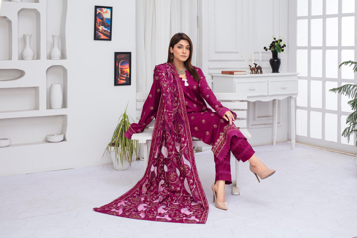 BRANDS INN-3PC DHANAK EMBROIDERED SHIRT WITH HEAVY CUTWORK EMBROIDERED DHANAK SHAWL AND TROUSER-BIC -008