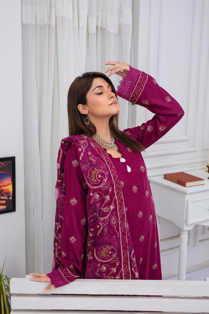 BRANDS INN-3PC DHANAK EMBROIDERED SHIRT WITH HEAVY CUTWORK EMBROIDERED DHANAK SHAWL AND TROUSER-BIC -008