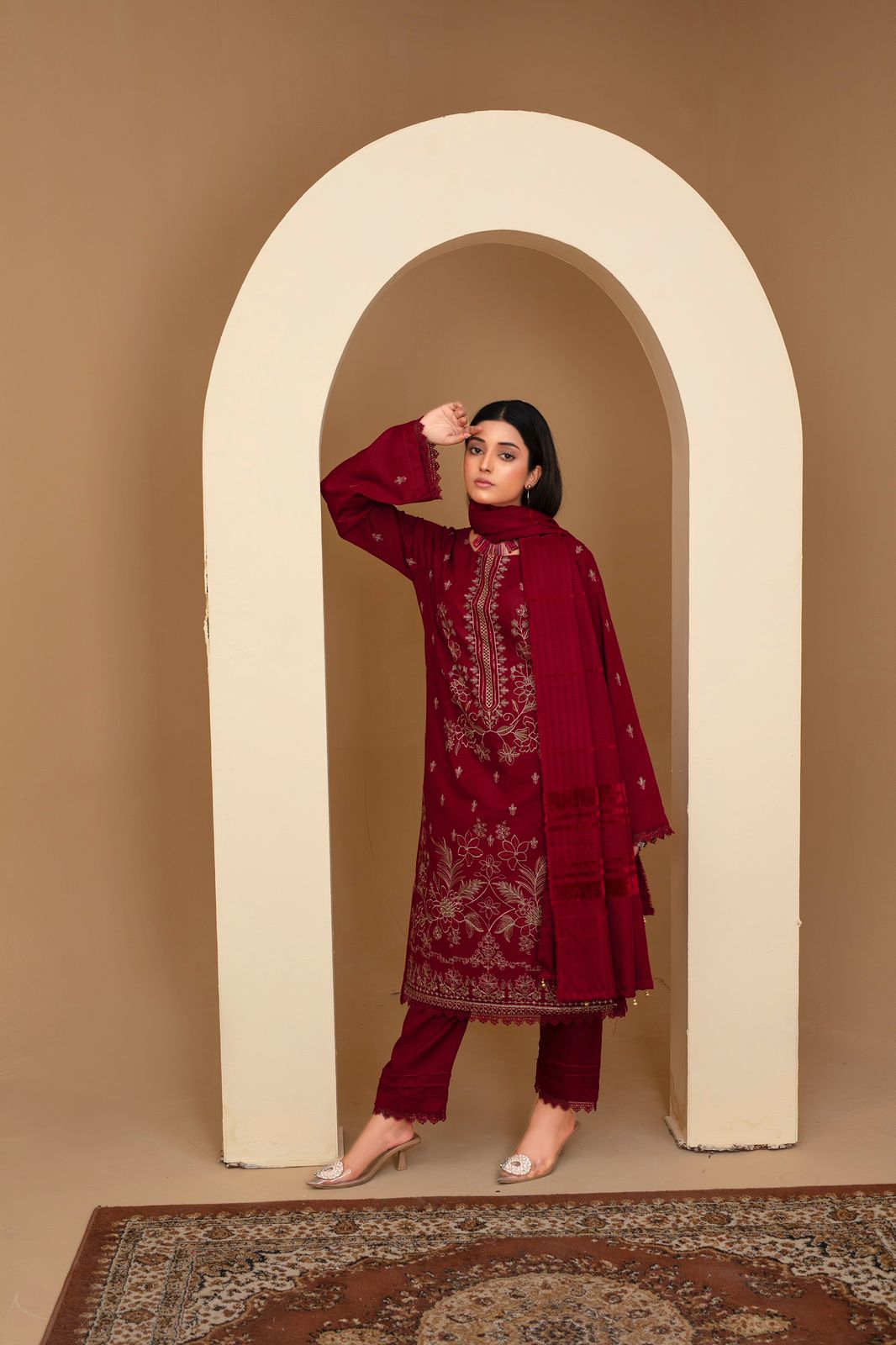 Brands inn-3PC Dhanak Embroidered Shirt with Velvet Dhanak Shawl and Trouser-BIC-2678 M