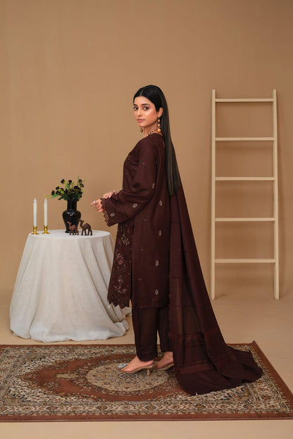 Brands inn-3PC Dhanak Embroidered Shirt with Velvet Dhanak Shawl and Trouser-BIC-BROWN