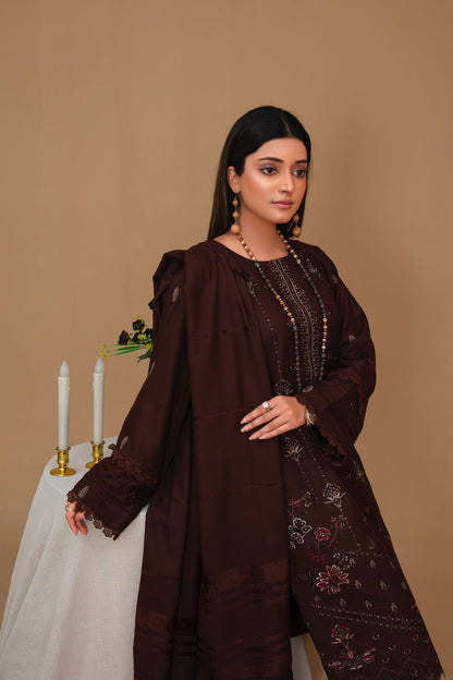 Brands inn-3PC Dhanak Embroidered Shirt with Velvet Dhanak Shawl and Trouser-BIC-BROWN