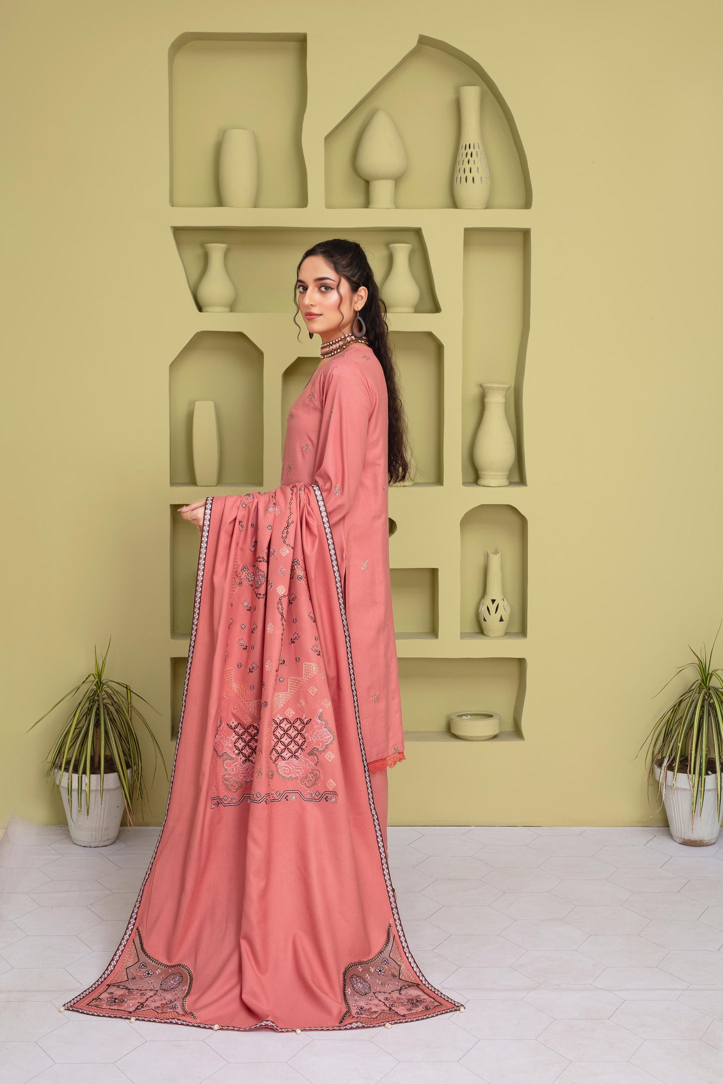 BRANDS INN-3PC DHANAK EMBROIDERED SHIRT WITH HEAVY CUTWORK EMBROIDERED DHANAK SHAWL AND TROUSER-BIC -1507