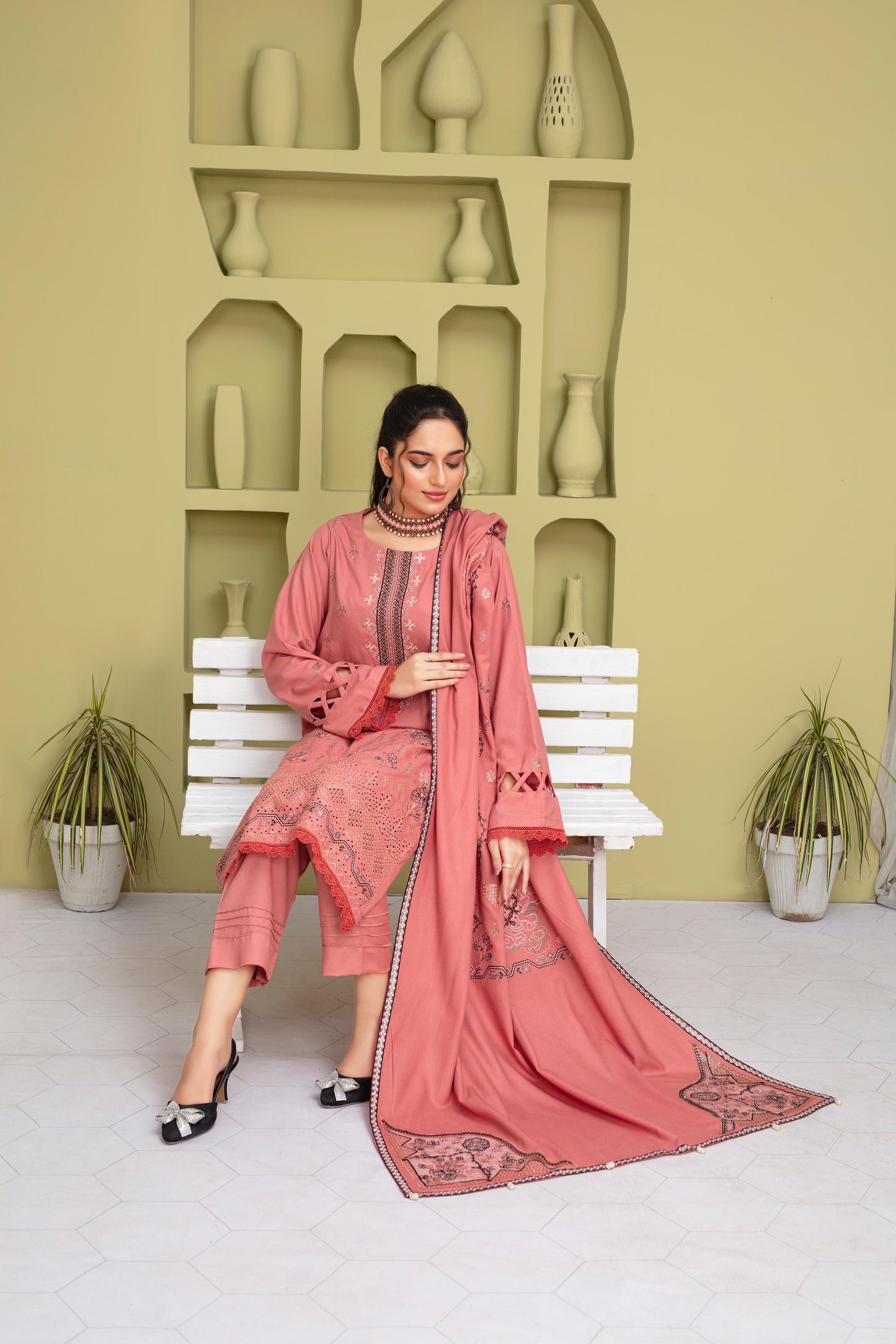 BRANDS INN-3PC DHANAK EMBROIDERED SHIRT WITH HEAVY CUTWORK EMBROIDERED DHANAK SHAWL AND TROUSER-BIC -1507