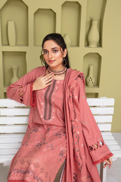 BRANDS INN-3PC DHANAK EMBROIDERED SHIRT WITH HEAVY CUTWORK EMBROIDERED DHANAK SHAWL AND TROUSER-BIC -1507