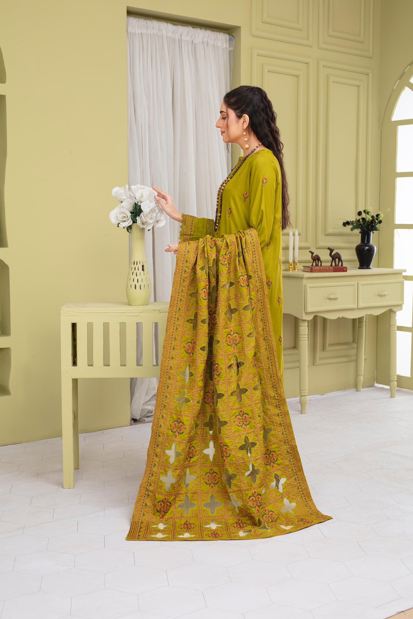 BRANDS INN-3PC DHANAK EMBROIDERED SHIRT WITH HEAVY CUTWORK EMBROIDERED DHANAK SHAWL AND TROUSER-BIC -1505