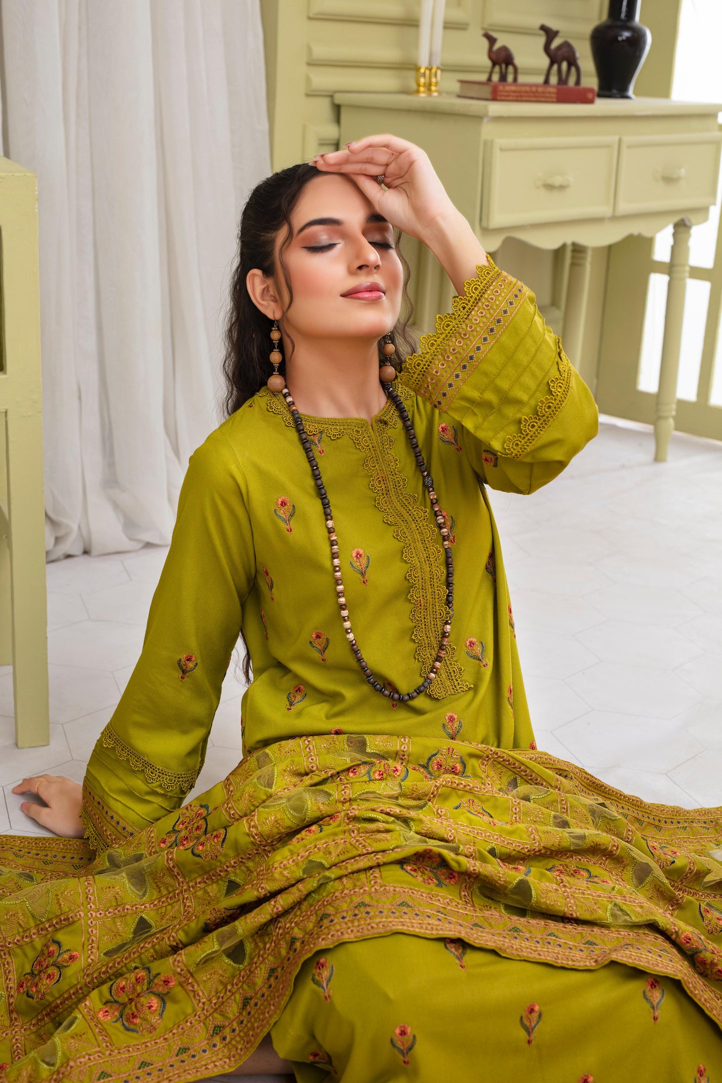 BRANDS INN-3PC DHANAK EMBROIDERED SHIRT WITH HEAVY CUTWORK EMBROIDERED DHANAK SHAWL AND TROUSER-BIC -1505