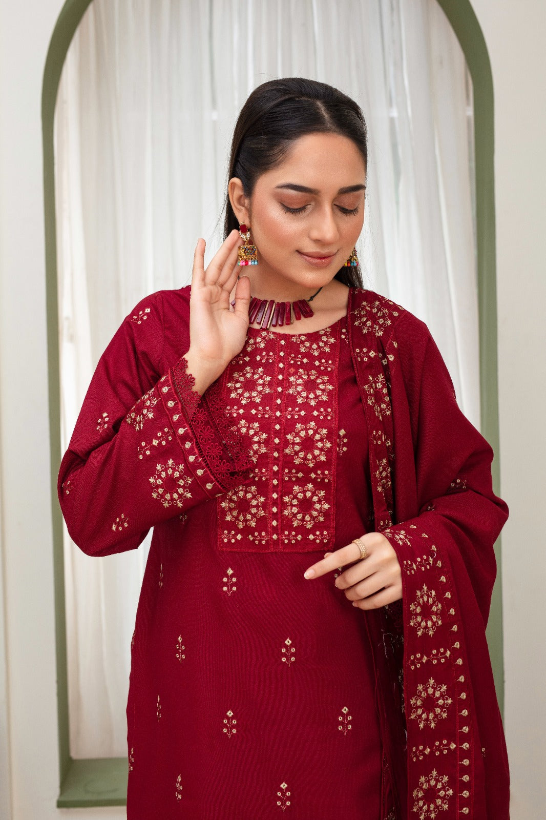 BRANDS INN-3PC DHANAK EMBROIDERED SHIRT WITH HEAVY CUTWORK EMBROIDERED DHANAK SHAWL AND TROUSER-BIC-1514