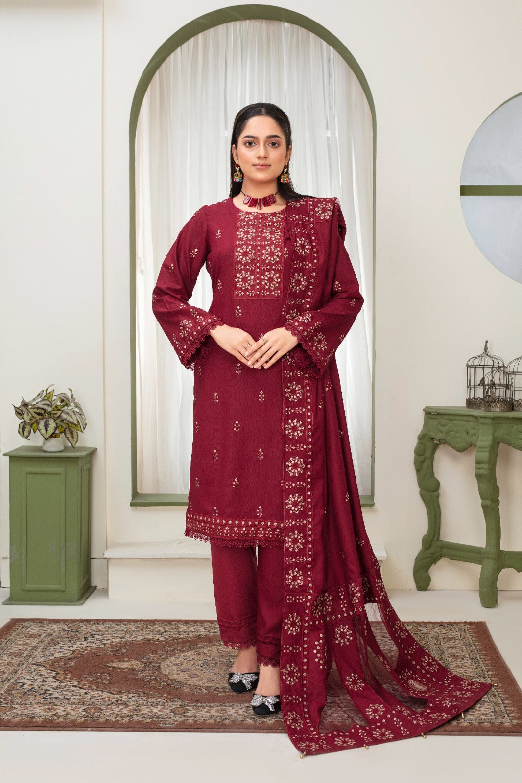 BRANDS INN-3PC DHANAK EMBROIDERED SHIRT WITH HEAVY CUTWORK EMBROIDERED DHANAK SHAWL AND TROUSER-BIC-1514