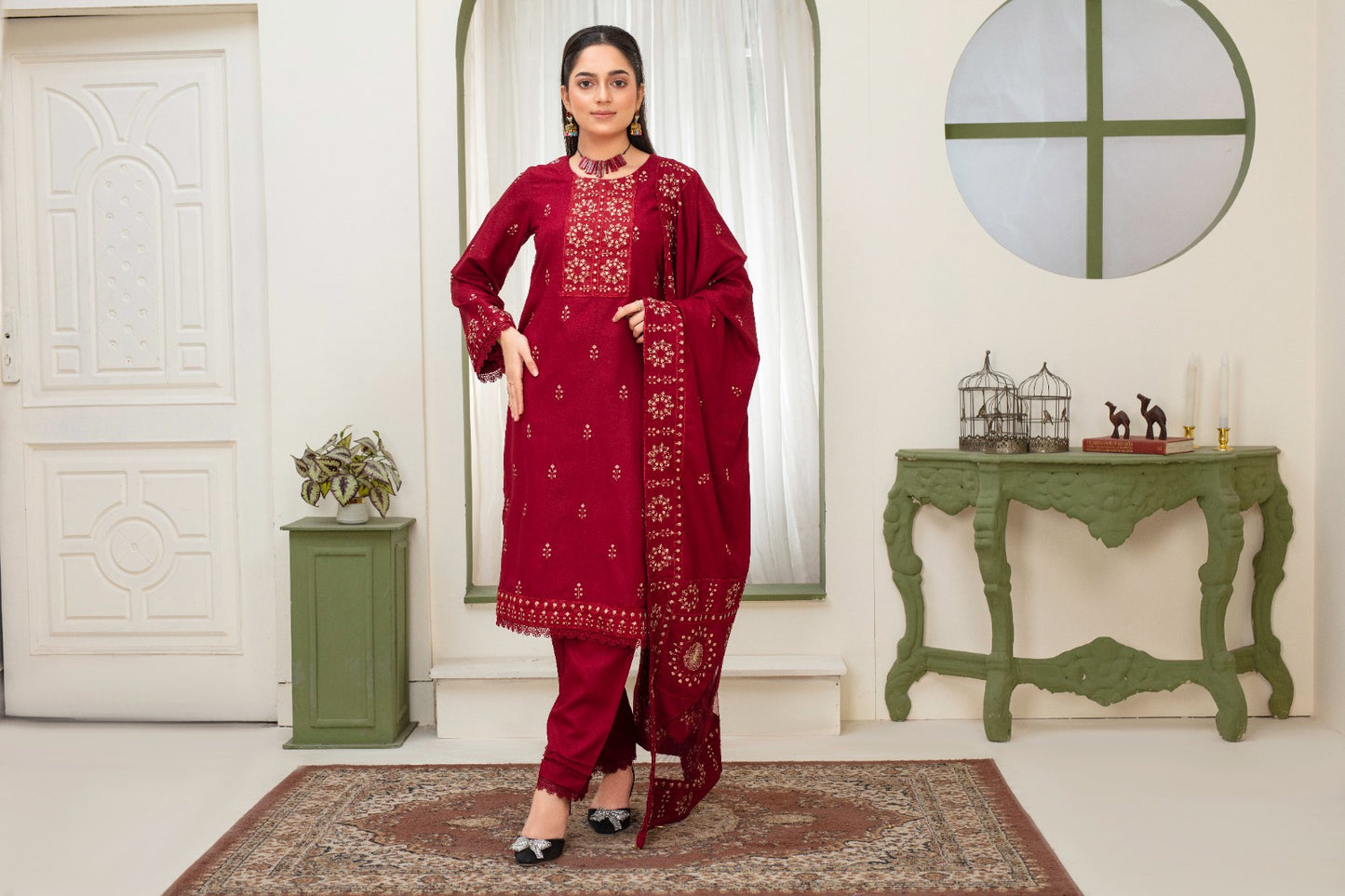 BRANDS INN-3PC DHANAK EMBROIDERED SHIRT WITH HEAVY CUTWORK EMBROIDERED DHANAK SHAWL AND TROUSER-BIC-1514