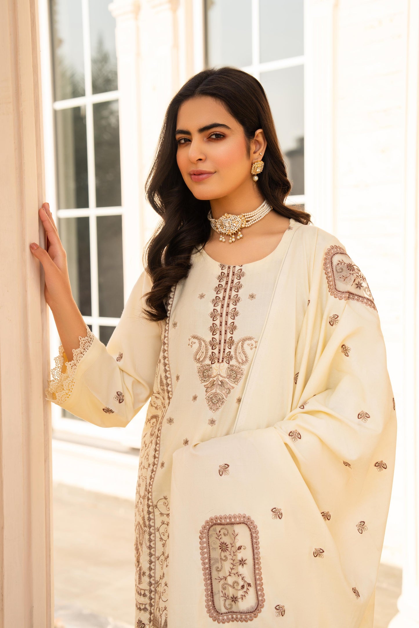 BRANDS INN-3PC DHANAK EMBROIDERED SHIRT WITH DHANAK HEAVY CUTWORK EMBROIDERED SHAWL -BIC-1523