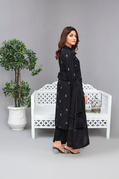 Brands inn-3PC Dhanak Embroidered Shirt with Velvet Dhanak Shawl and Trouser-Bic- 2678- BLACK