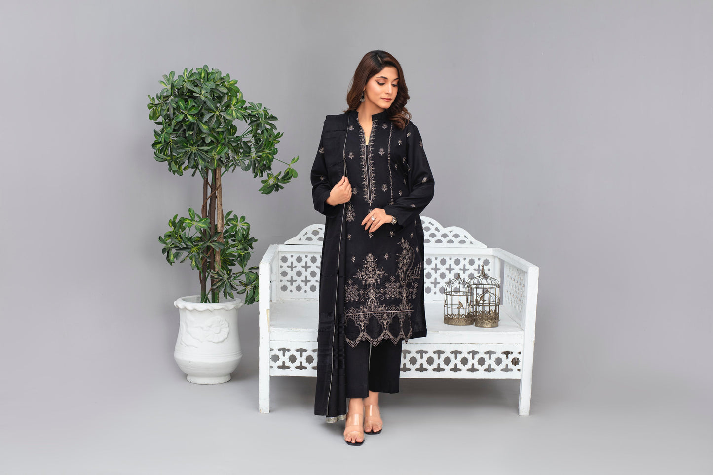 Brands inn-3PC Dhanak Embroidered Shirt with Velvet Dhanak Shawl and Trouser-Bic- 2678- BLACK