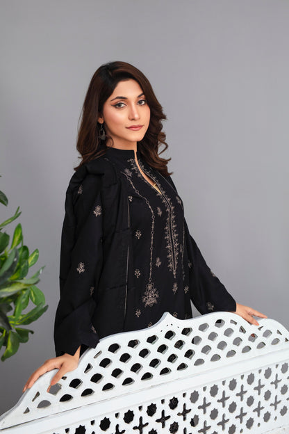 Brands inn-3PC Dhanak Embroidered Shirt with Velvet Dhanak Shawl and Trouser-Bic- 2678- BLACK