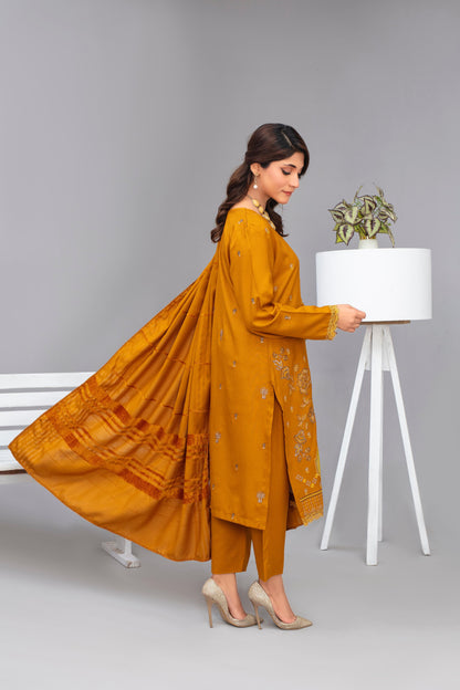 Brands inn-3PC Dhanak Embroidered Shirt with Velvet Dhanak Shawl and Trouser-Bic-2678- Y