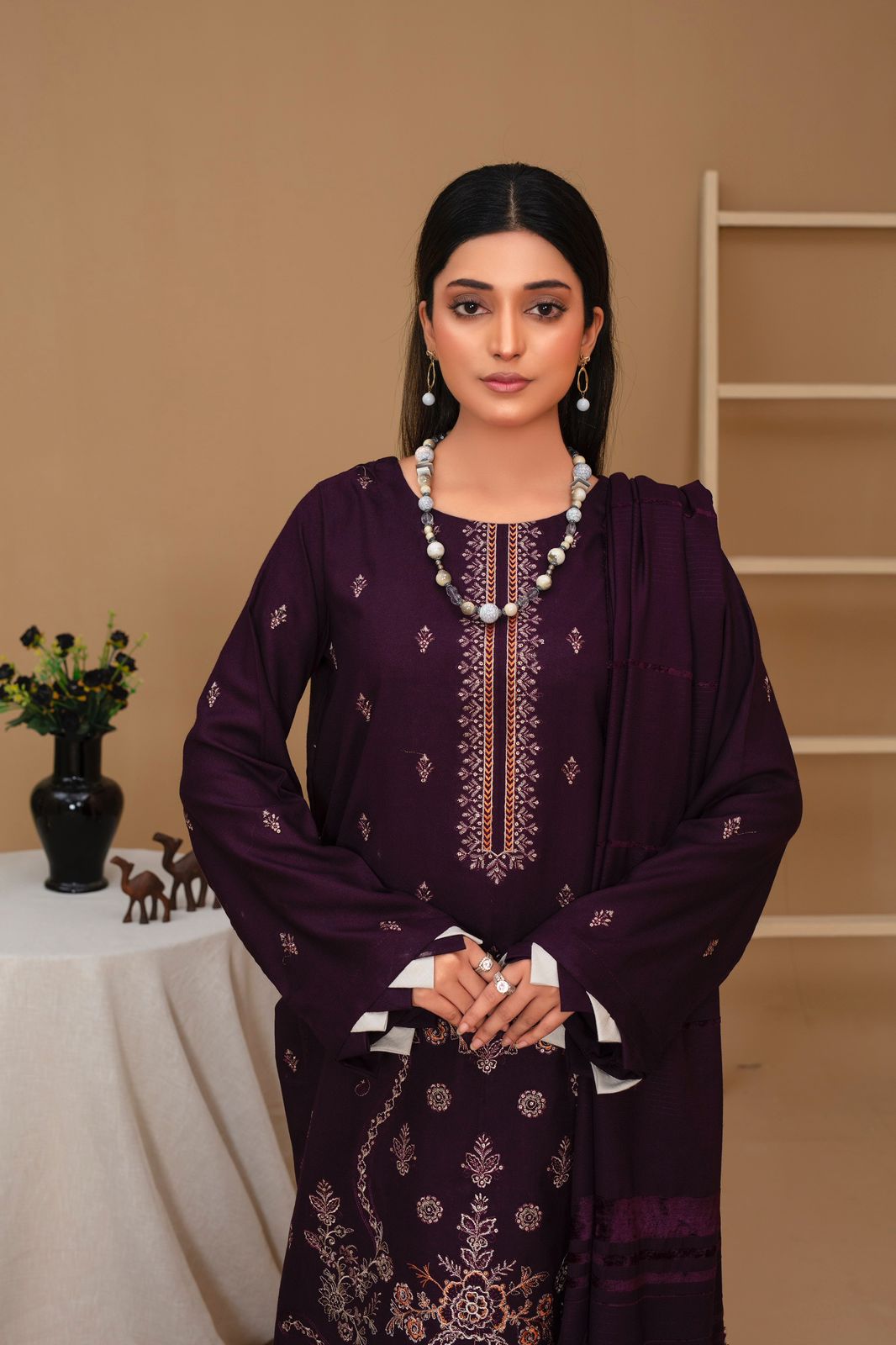 Brands inn-3PC Dhanak Embroidered Shirt with Velvet Dhanak Shawl and Trouser-BIC-PLUM