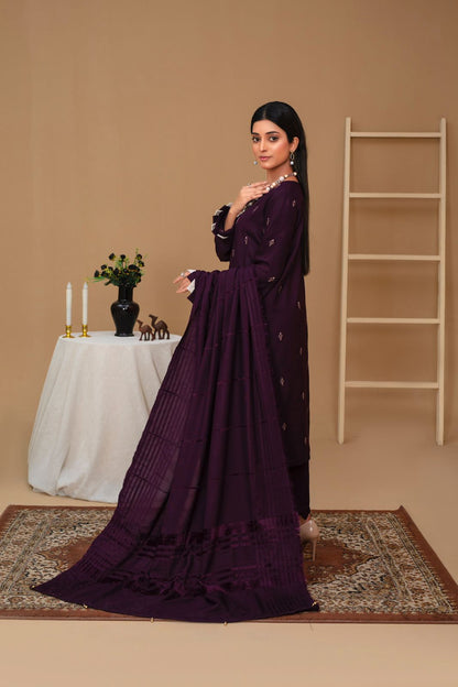 Brands inn-3PC Dhanak Embroidered Shirt with Velvet Dhanak Shawl and Trouser-BIC-PLUM