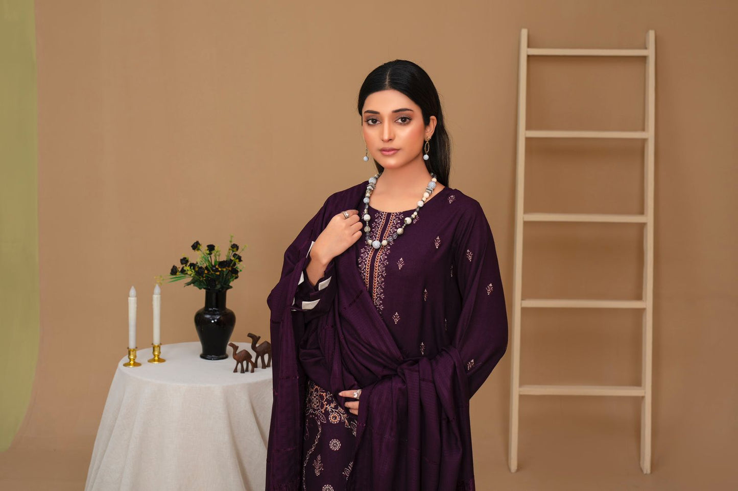 Brands inn-3PC Dhanak Embroidered Shirt with Velvet Dhanak Shawl and Trouser-BIC-PLUM