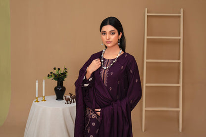 Brands inn-3PC Dhanak Embroidered Shirt with Velvet Dhanak Shawl and Trouser-BIC-PLUM