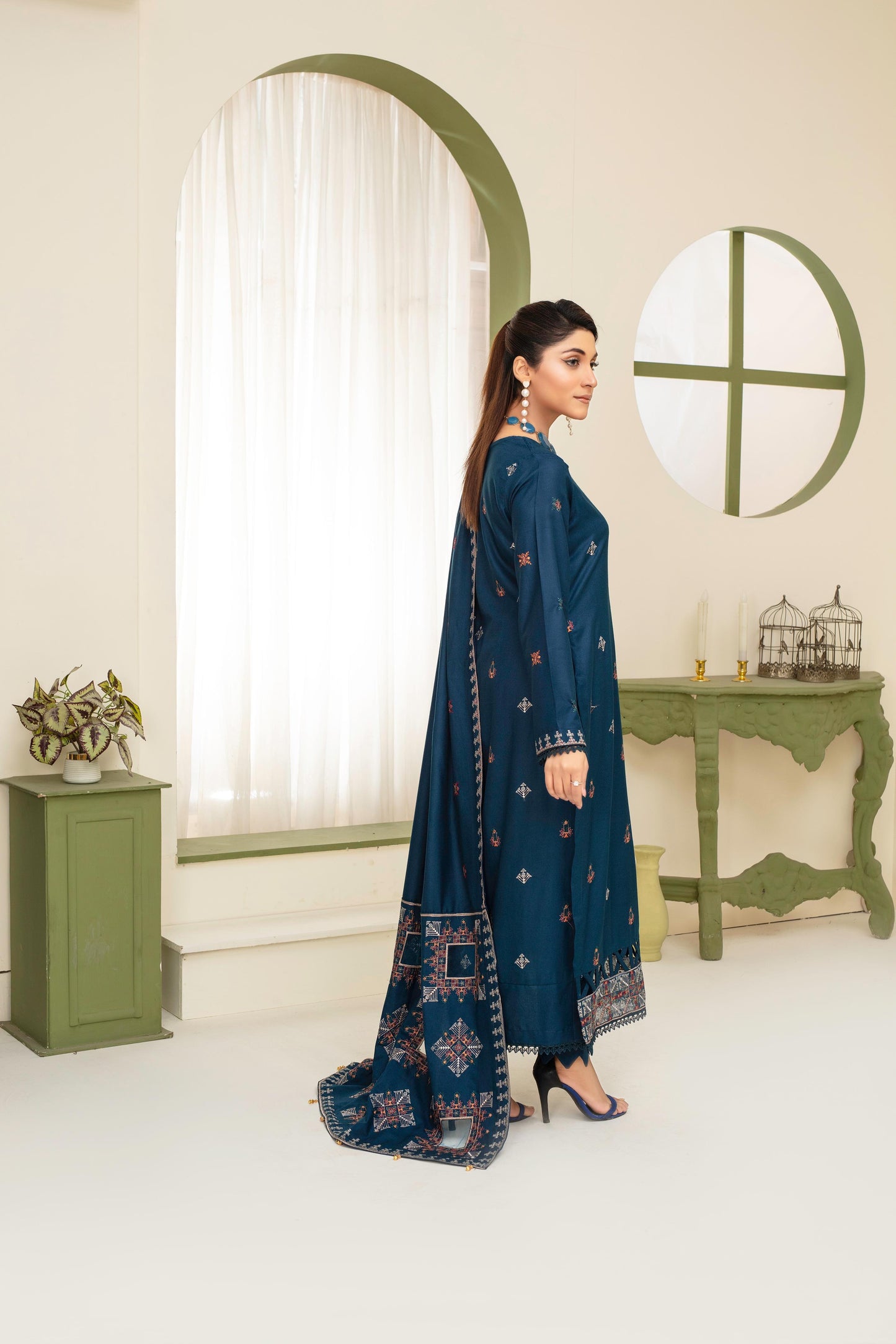 BRANDS INN-3PC DHANAK EMBROIDERED SHIRT WITH HEAVY CUTWORK EMBROIDERED DHANAK SHAWL AND TROUSER-BIC-1516