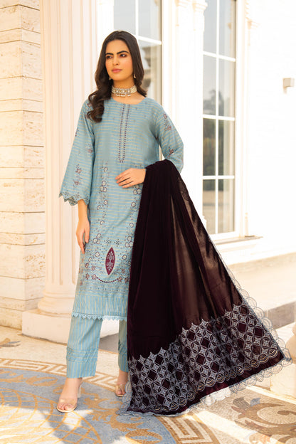 BRANDSINN-3PC KHADDAR EMBROIDERED SHIRT WITH VELVET EMBROIDERED READY TO WEAR SHAWL-BIC-1522