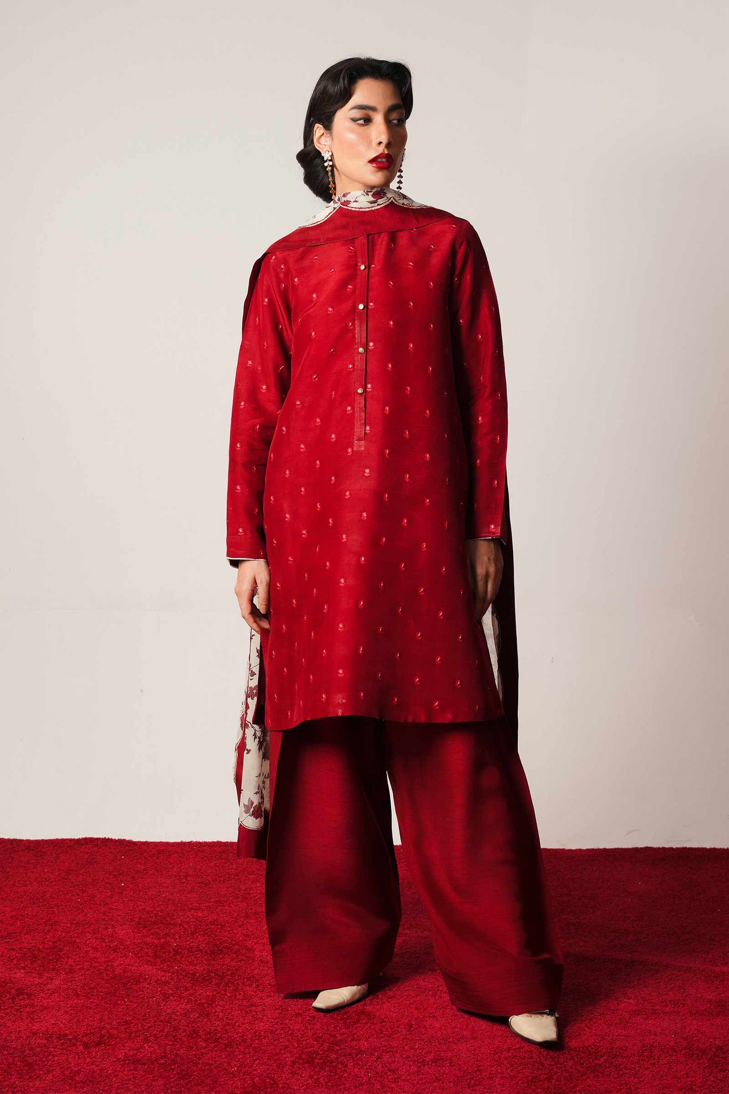 ZARA SHAHJAHAN - 3PC DHANAK  EMBROIDERED SHIRT WITH COUTURE WOOL PRINTED SHAWL AND DHANAK TROUSER-BIC-1249