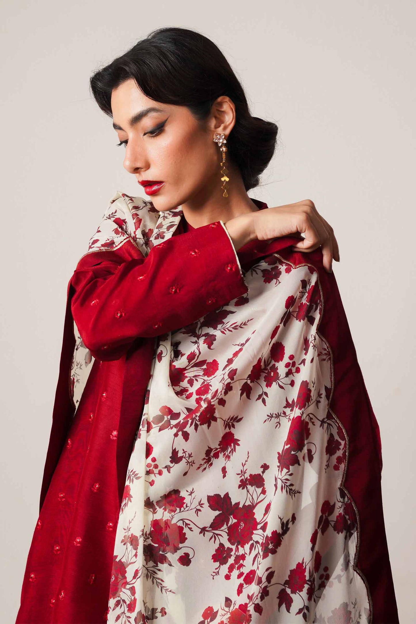 ZARA SHAHJAHAN - 3PC DHANAK  EMBROIDERED SHIRT WITH COUTURE WOOL PRINTED SHAWL AND DHANAK TROUSER-BIC-1249