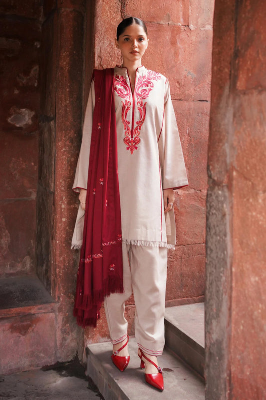 COCO BY ZARA SHAH JAHAN- 3PC DHANAK EMBROIDERED SHIRT DHANAK EMBROIDERED  SHAWL AND TROUSER-BIC-1197