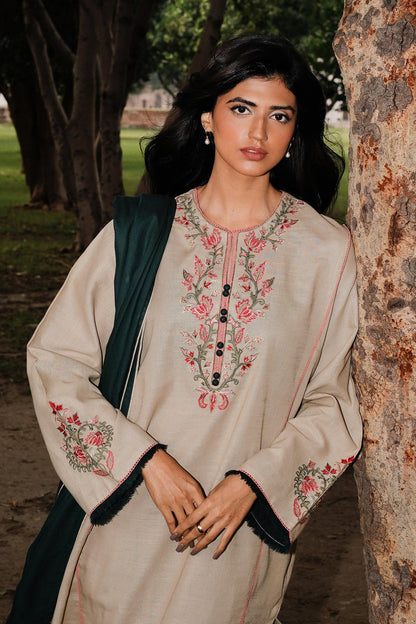 COCO BY ZAHRA SHAHJAHAN - 3PC DHANAK EMBROIDERED SHIRT WITH DHANAK EMBROIDERED SHAWL AND TROUSER-BIC-1224