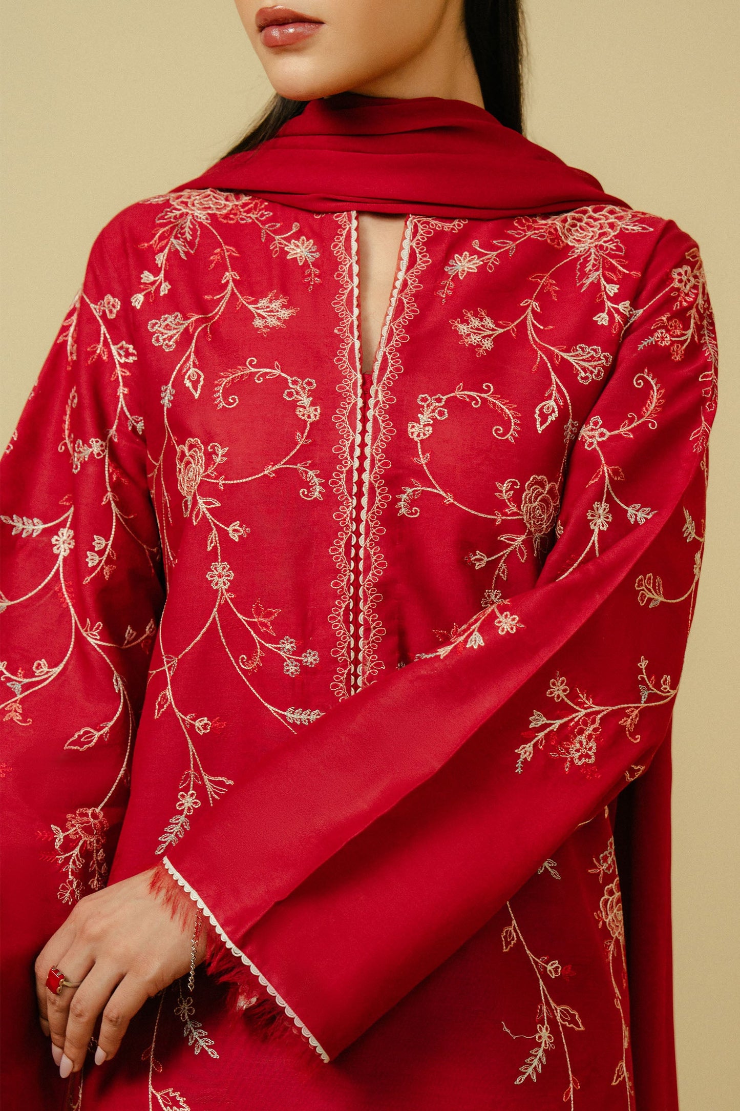 ZAHRA SHAHJAHAN - 3PC DHANAK EMBROIDERED SHIRT DHANAK EMBROIDERED DUPATTA AND TROUSER-BIC-3240