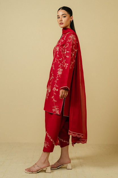 ZAHRA SHAHJAHAN - 3PC DHANAK EMBROIDERED SHIRT DHANAK EMBROIDERED DUPATTA AND TROUSER-BIC-3240