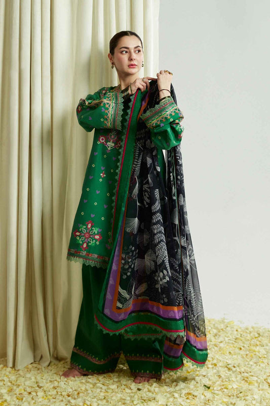 ZAHRA SHAHJAHAN- 3PC DHANAK EMBROIDERED SHIRT WITH COUTURE SHAWL & TROUSER-BIC-3146