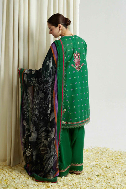 ZAHRA SHAHJAHAN- 3PC DHANAK EMBROIDERED SHIRT WITH COUTURE SHAWL & TROUSER-BIC-3146