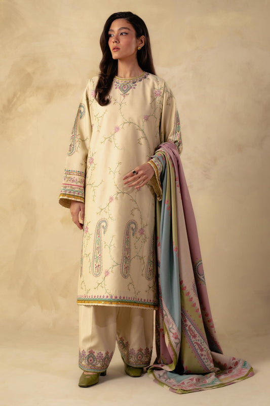 ZARA SHAHJAHAN - 3PC EMBROIDERED SHIRT WITH WOOL PRINT SHAWL AND DHANAK EMBROIDERED  TROUSER-BIC-3229