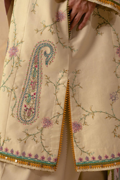 ZARA SHAHJAHAN - 3PC EMBROIDERED SHIRT WITH WOOL PRINT SHAWL AND DHANAK EMBROIDERED  TROUSER-BIC-3229