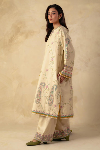 ZARA SHAHJAHAN - 3PC EMBROIDERED SHIRT WITH WOOL PRINT SHAWL AND DHANAK EMBROIDERED  TROUSER-BIC-3229