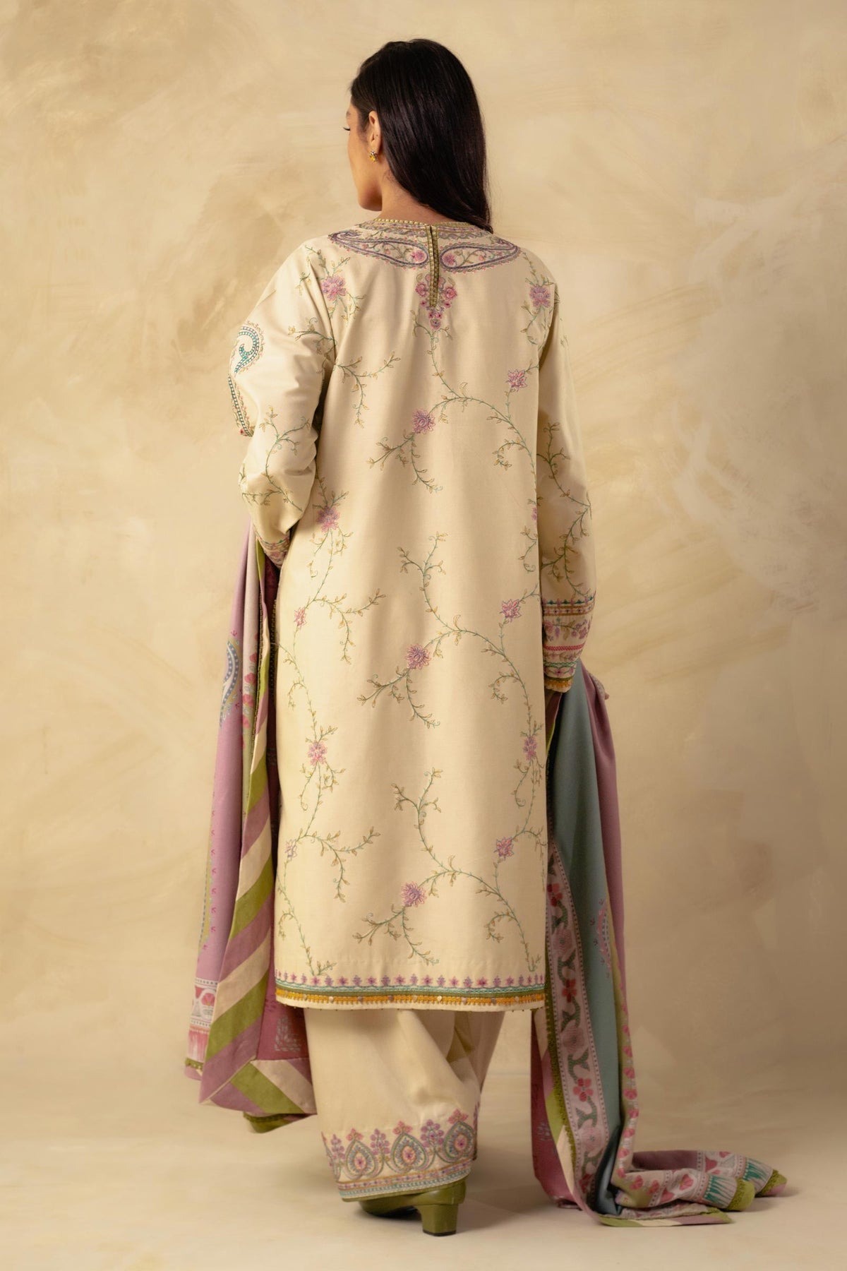 ZARA SHAHJAHAN - 3PC EMBROIDERED SHIRT WITH WOOL PRINT SHAWL AND DHANAK EMBROIDERED  TROUSER-BIC-3229