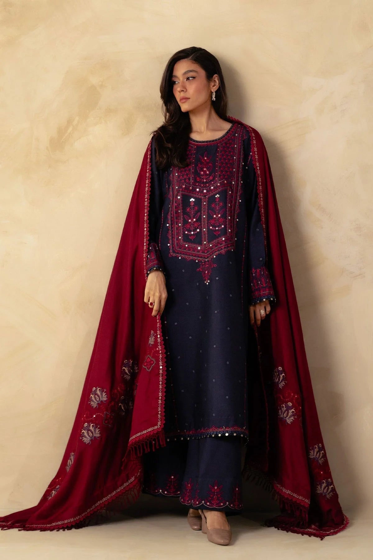 ZARA SHAH JAHAN - 3PC DHANAK EMBROIDERED SHIRT WITH DHANAK EMBROIDERED SHAWL& TROUSER-BIC-3345 B