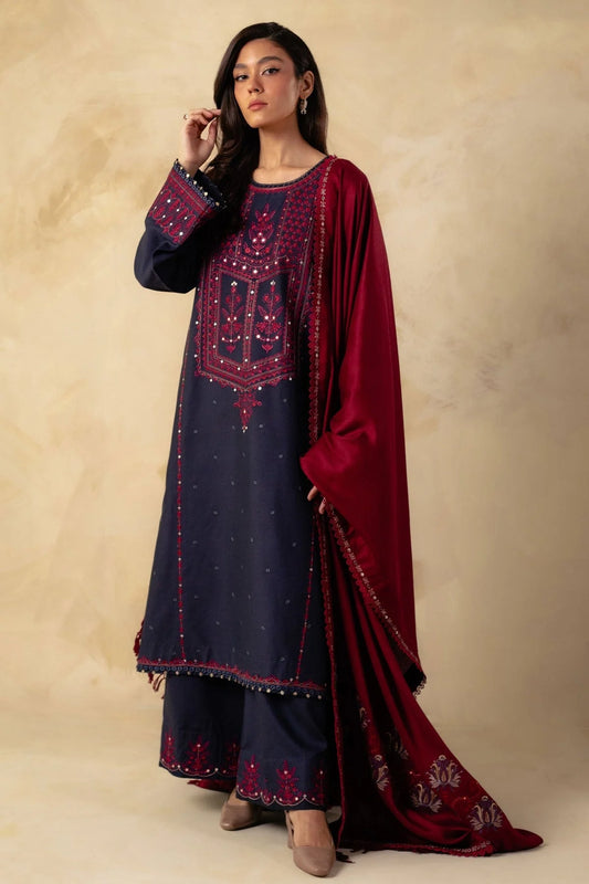 ZARA SHAH JAHAN - 3PC DHANAK EMBROIDERED SHIRT WITH DHANAK EMBROIDERED SHAWL& TROUSER-BIC-3345 B